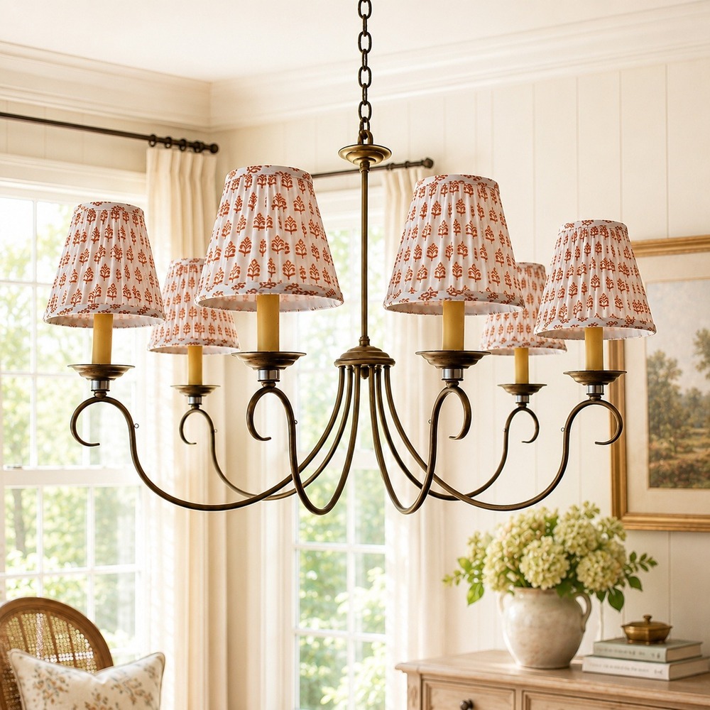 Set of 6 Pleated Fabric Chandelier Shades Rust Block Print Cottage boho clip on